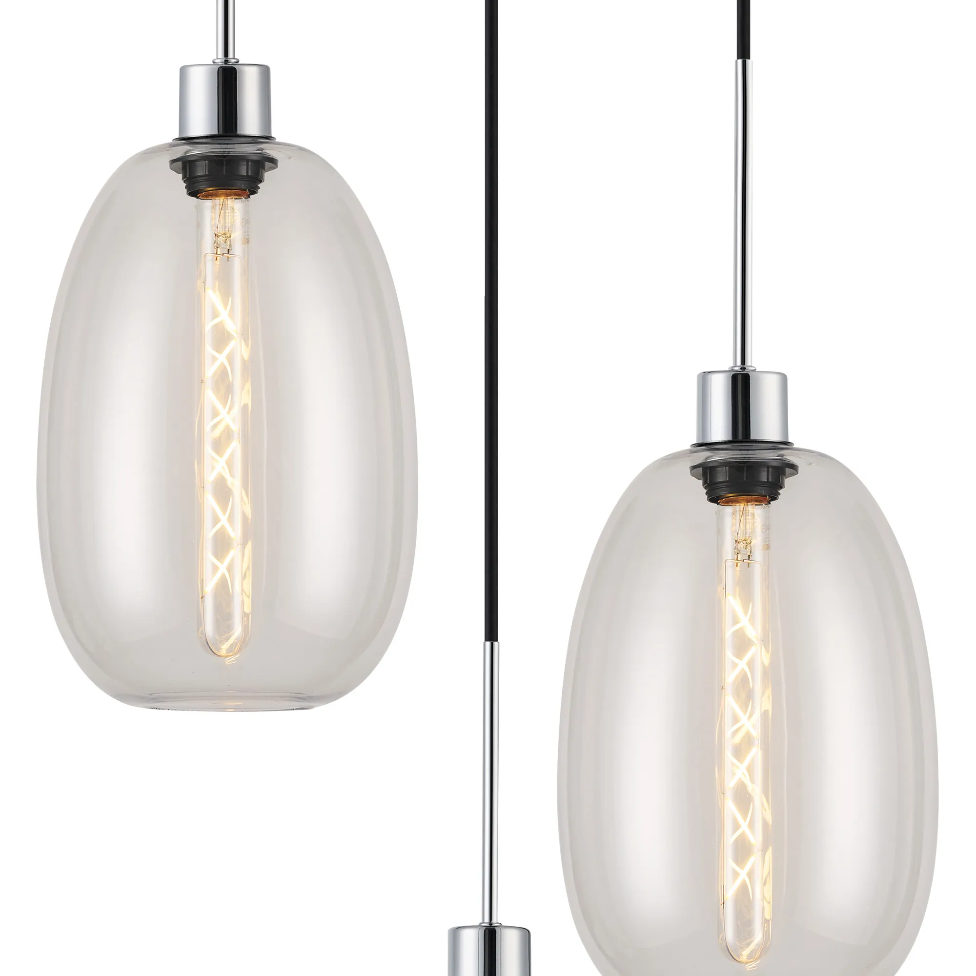 Lori 40cm Round Pendant, 3 Light Adjustable E27, Polished Chrome/Clear Slim Curved Trapezium Shades DK1269  Deco Lori Polished Chrome